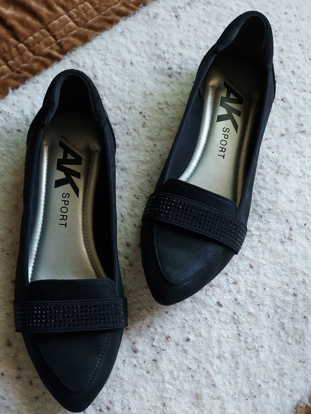 Anne Klein Sport Black Pointed Toe Slip-Ons with Embellished Band